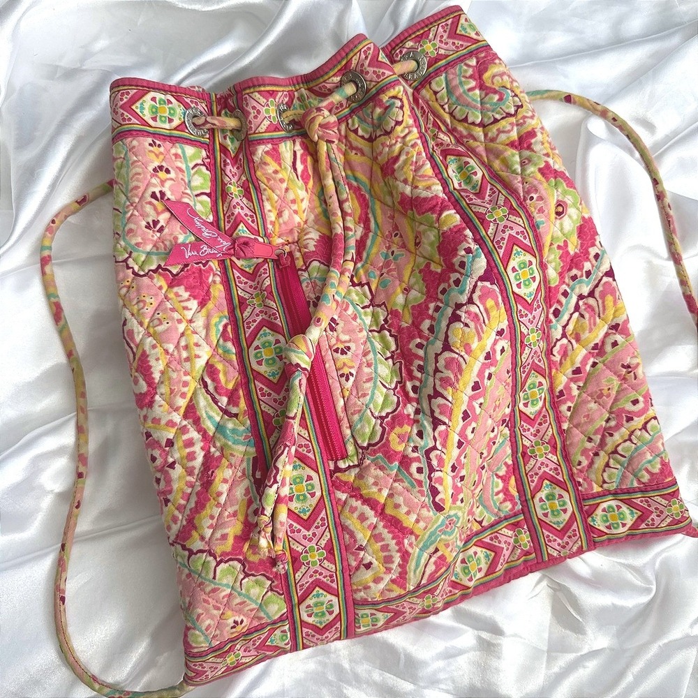 Vera Bradley Pink Yellow Paisley Quilted Cotton Drawstring Backpack Bag